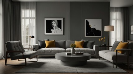 living room with elegance and diversity of modern gray color palette. The sofa is upholstered in a luxurious gray fabric. The minimalist design of the room evokes a sense of calm and sophistication.