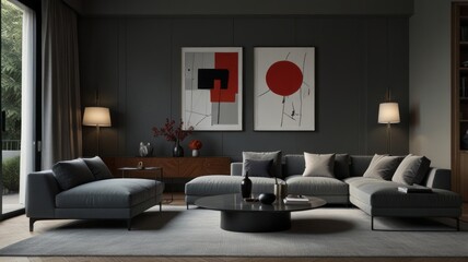living room with elegance and diversity of modern gray color palette. The sofa is upholstered in a luxurious gray fabric. The minimalist design of the room evokes a sense of calm and sophistication.