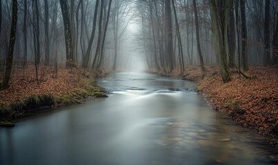 Obraz premium A stream of water flows through a forest