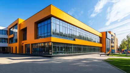 Obraz premium Modern educational building with large windows and vibrant orange accents.