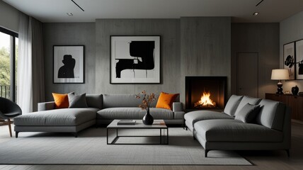 living room with elegance and diversity of modern gray color palette. The sofa is upholstered in a luxurious gray fabric. The minimalist design of the room evokes a sense of calm and sophistication.
