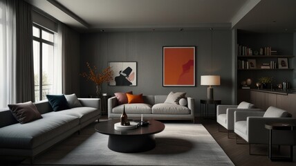 living room with elegance and diversity of modern gray color palette. The sofa is upholstered in a luxurious gray fabric. The minimalist design of the room evokes a sense of calm and sophistication.
