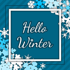 hello winter template. card, frame with winter typography on textured background with snowflakes. vector illustration in contrasting white and blue. for backdrop, banner, greeting, invitation, poster