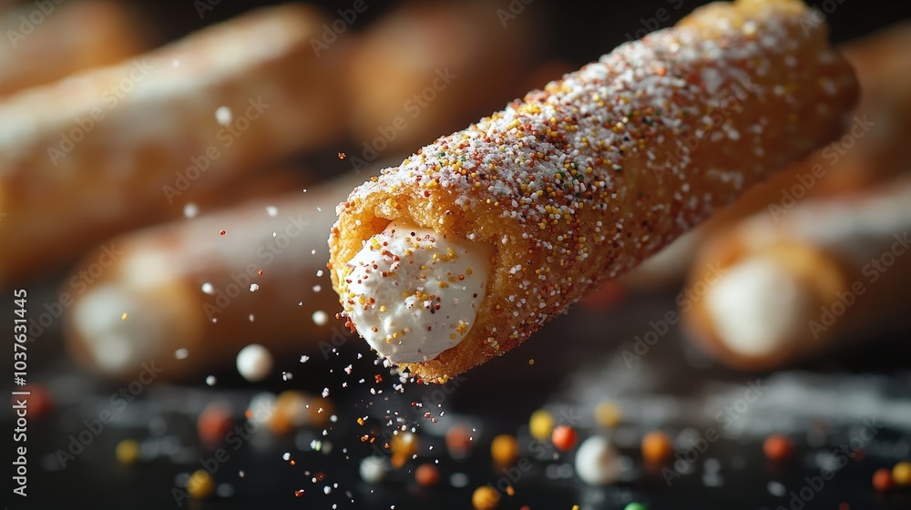 Poster indulgent cannoli delight floating in air with sparkles on gradient background - minimalistic 16k hy