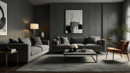 living room with elegance and diversity of modern gray color palette. The sofa is upholstered in a luxurious gray fabric. The minimalist design of the room evokes a sense of calm and sophistication.