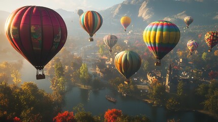 Obraz premium A Vibrant Hot Air Balloon Festival with Each Balloon Displaying Unique Colors and Patterns Against a Clear Sky