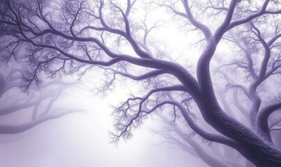 A tree with purple leaves is shown in a foggy forest