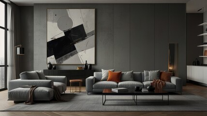 living room with elegance and diversity of modern gray color palette. The sofa is upholstered in a luxurious gray fabric. The minimalist design of the room evokes a sense of calm and sophistication.