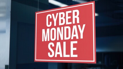 Obraz premium Cyber Monday Sale Sign in Bold Red and White Text with Blurred Indoor Background