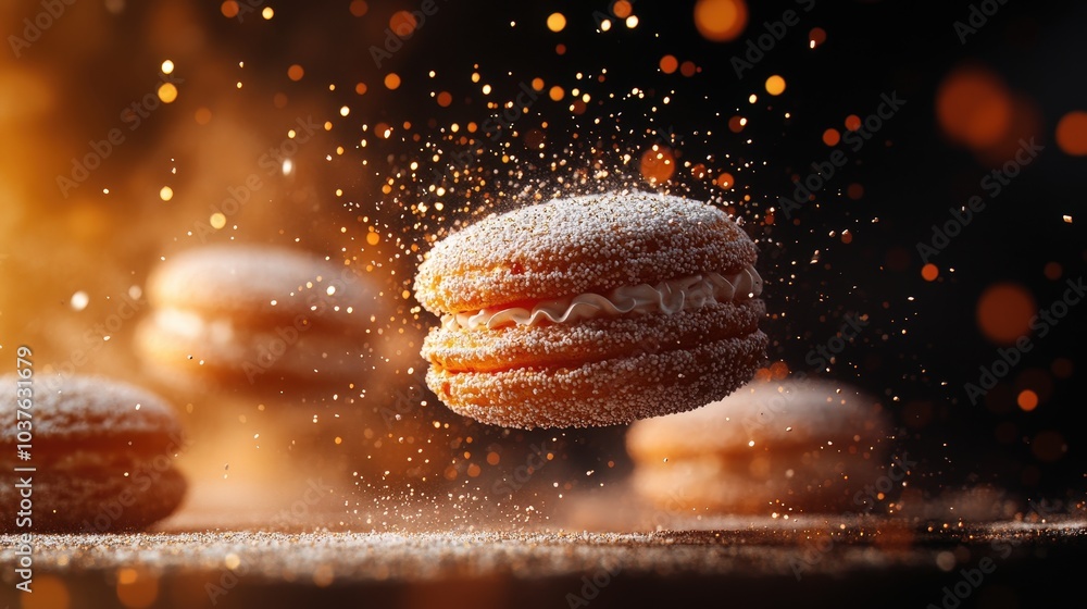 Poster floating semla in sweden: hyperdetailed 16k dessert with sparkling reflex on gradient background