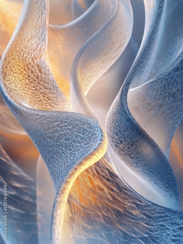 Poster swirling patterns of frost blend blue and gold hues, capturing the essence of winter’s intricate bea