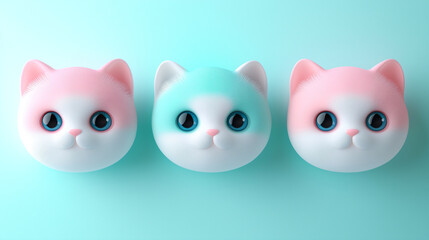 Obraz premium 3D pastel-colored kawaii cat heads with large eyes, arranged in a row against a soft mint background. Cute and playful design concept.