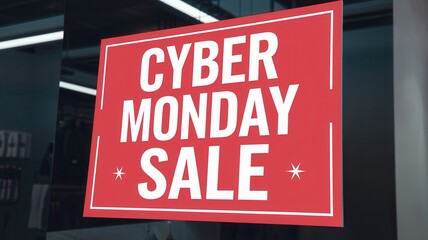 Obraz premium Cyber Monday Sale Sign with Bold White Text on Red Background in Indoor Store