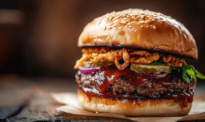 A large hamburger with onions and pickles on top