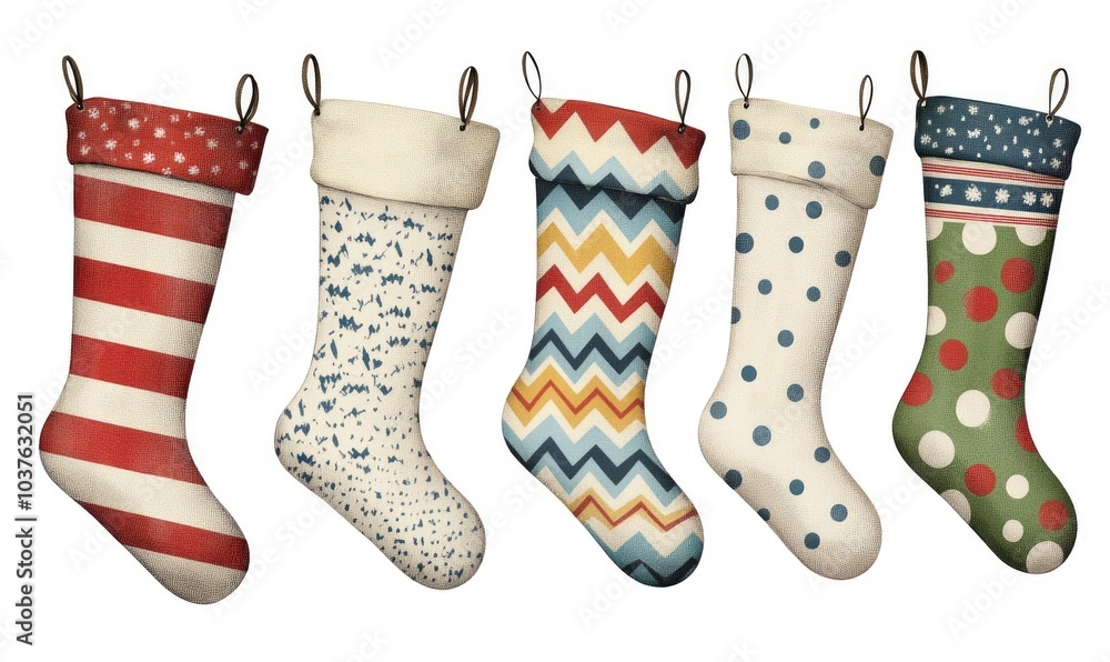 Poster a row of five christmas stockings with different patterns and colors