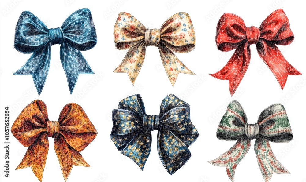 Poster a set of six bows with different colors and patterns