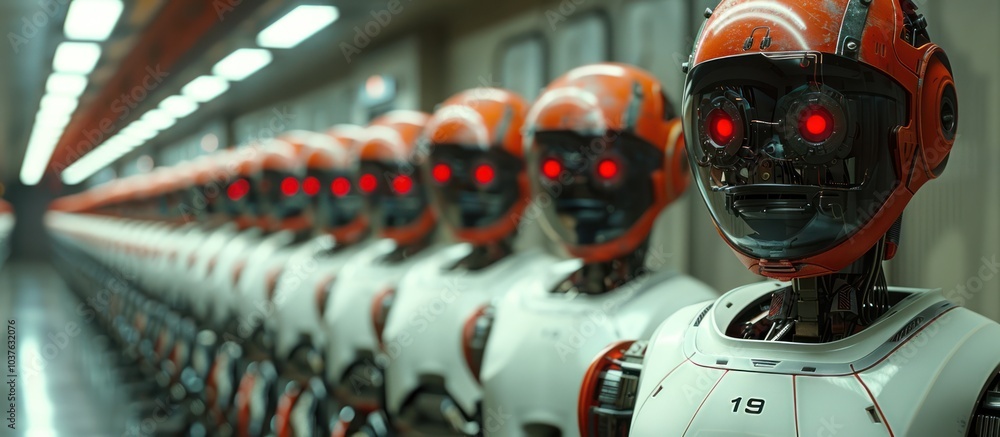 Aufkleber a row of robotic androids with red eyes stand in a sterile, futuristic setting.
