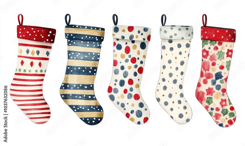 Poster a row of five christmas stockings with different patterns and colors
