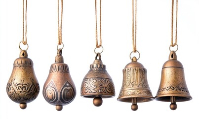 Obraz premium A row of five golden bells hanging from a string