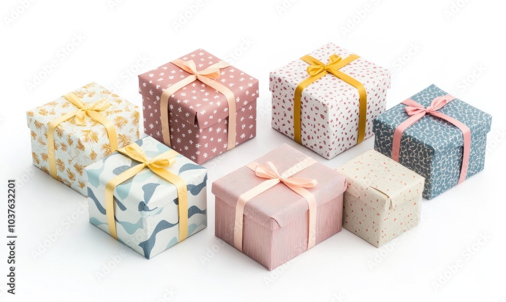 Poster a row of six colorful boxes with bows on them