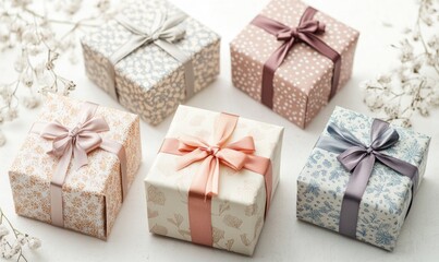 Obraz premium A row of five gift boxes with bows on them