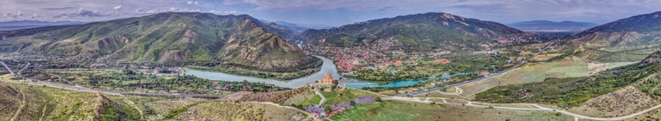 Panorama of the Aragvi and Kura River confluence near Mtskheta, with Jvari Monastery in Georgia © Aquarius