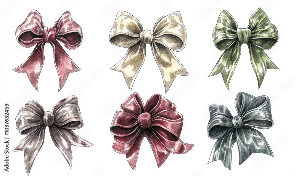 Aufkleber a set of six different colored bows, each with a different color and design