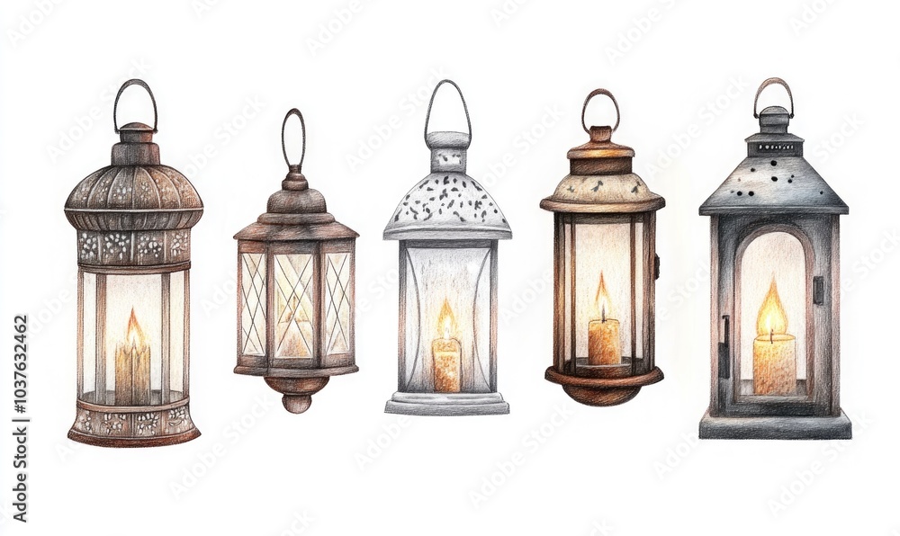Poster a series of five lanterns with candles inside, each with a different color