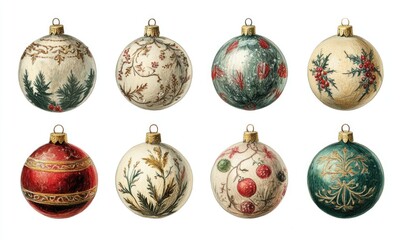 A set of Christmas ornaments with a variety of designs and colors