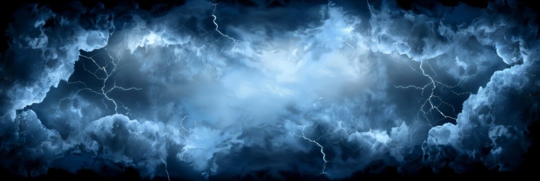 A dark blue sky with storm clouds and lightning bolts