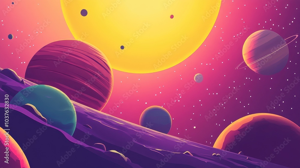 Aufkleber 3d cartoon rendering depicting a panoramic view of planets in a distant solar system in space