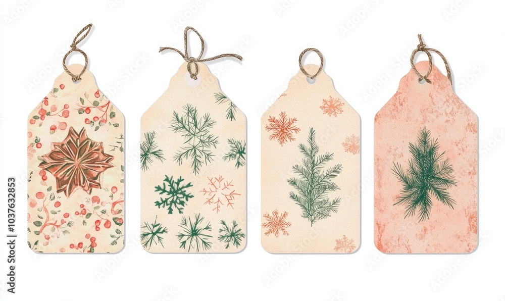 Poster four tags with snowflakes and pine trees on them