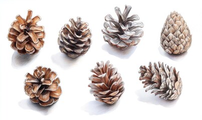 A close up of six pine cones, all different sizes and shapes