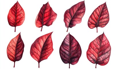 A set of six red leaves with a white background
