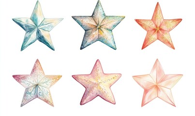 A set of six stars with different colors and sizes