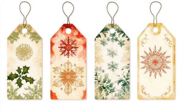 Four Christmas tags with snowflakes and holly leaves