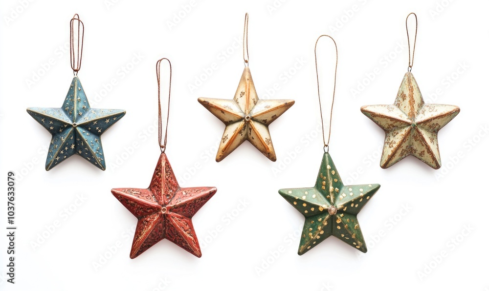 Poster a row of five stars with different colors hanging from a white background