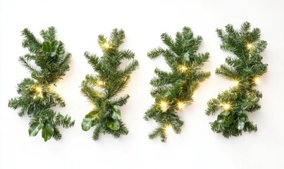 Four green Christmas tree branches with lights on them