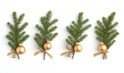 Four Christmas tree branches with gold ornaments hanging from them