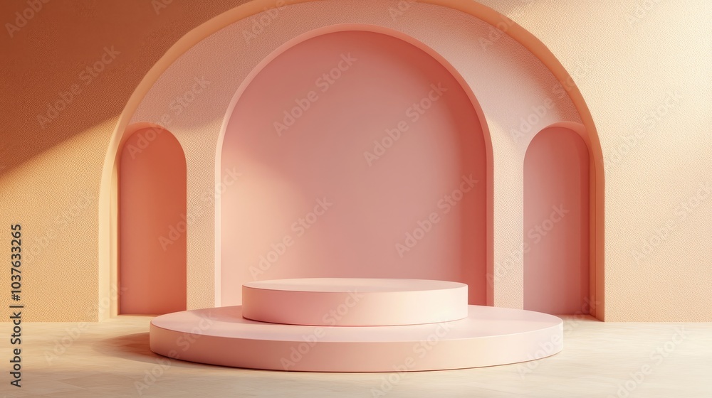 Poster geometric shapes featuring an arch and podium in soft pastel hues minimalistic backdrop 3d rendering