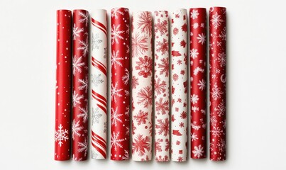 A row of red and white paper tubes with snowflakes on them