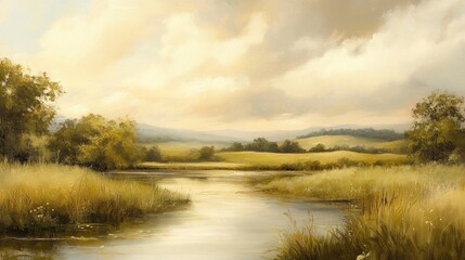 Oil painting depicting a serene countryside landscape with elements of nature showcasing rural beauty and tranquility