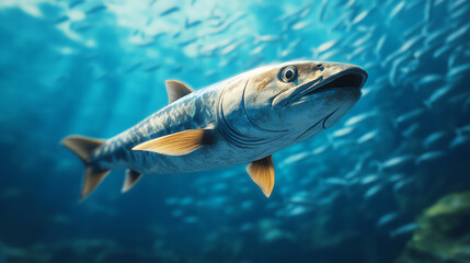 Naklejka premium A close-up shot of a fish swimming gracefully in clear blue water, surrounded by shimmering light and a school of smaller fish.