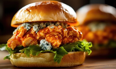 A burger with blue cheese and bacon on it