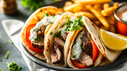 A refreshing plate of Greek gyros with slices of tender grilled meat, tomatoes, onions