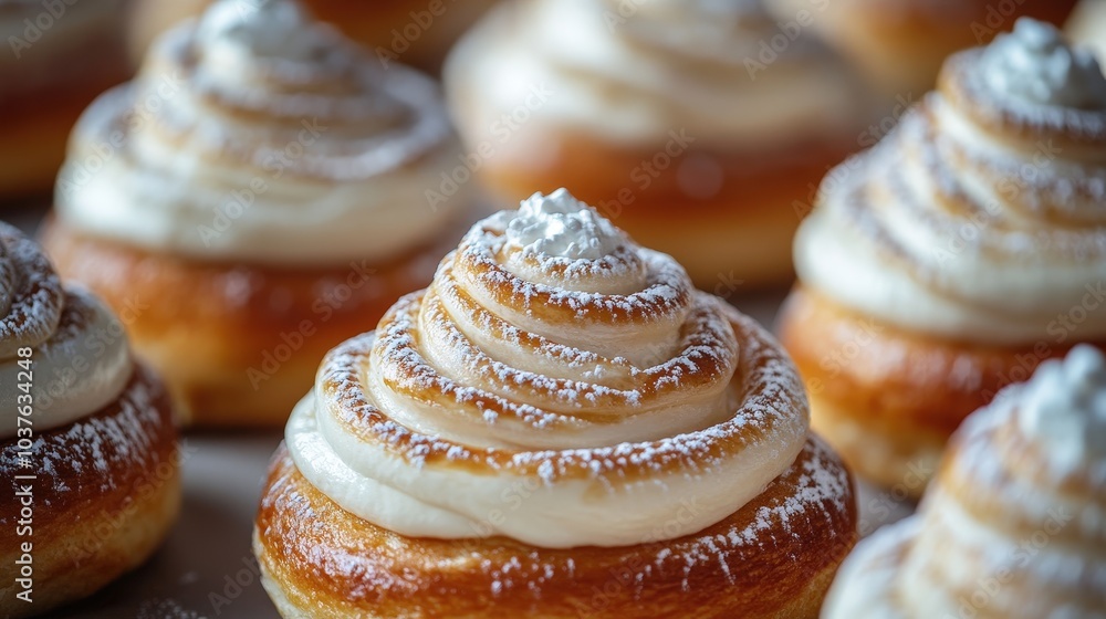 Poster swedish semla pastry arranged in circular pattern - top-down view with soft curves highlighted