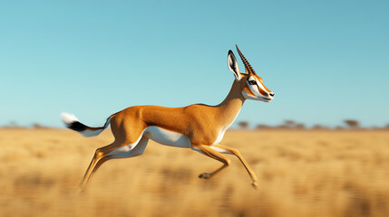 A graceful antelope running swiftly across the golden grassland under a clear blue sky, showcasing its elegance in the wild.