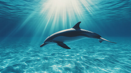 Naklejka premium A graceful dolphin swimming beneath the shimmering surface of the ocean with sunlight filtering through the water, creating a serene atmosphere.
