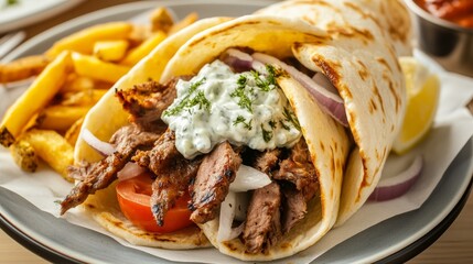 A refreshing plate of Greek gyros with slices of tender grilled meat, tomatoes, onions