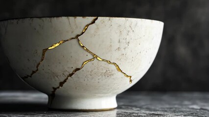 A white ceramic bowl with gold cracks sits on a dark surface - Powered by Adobe